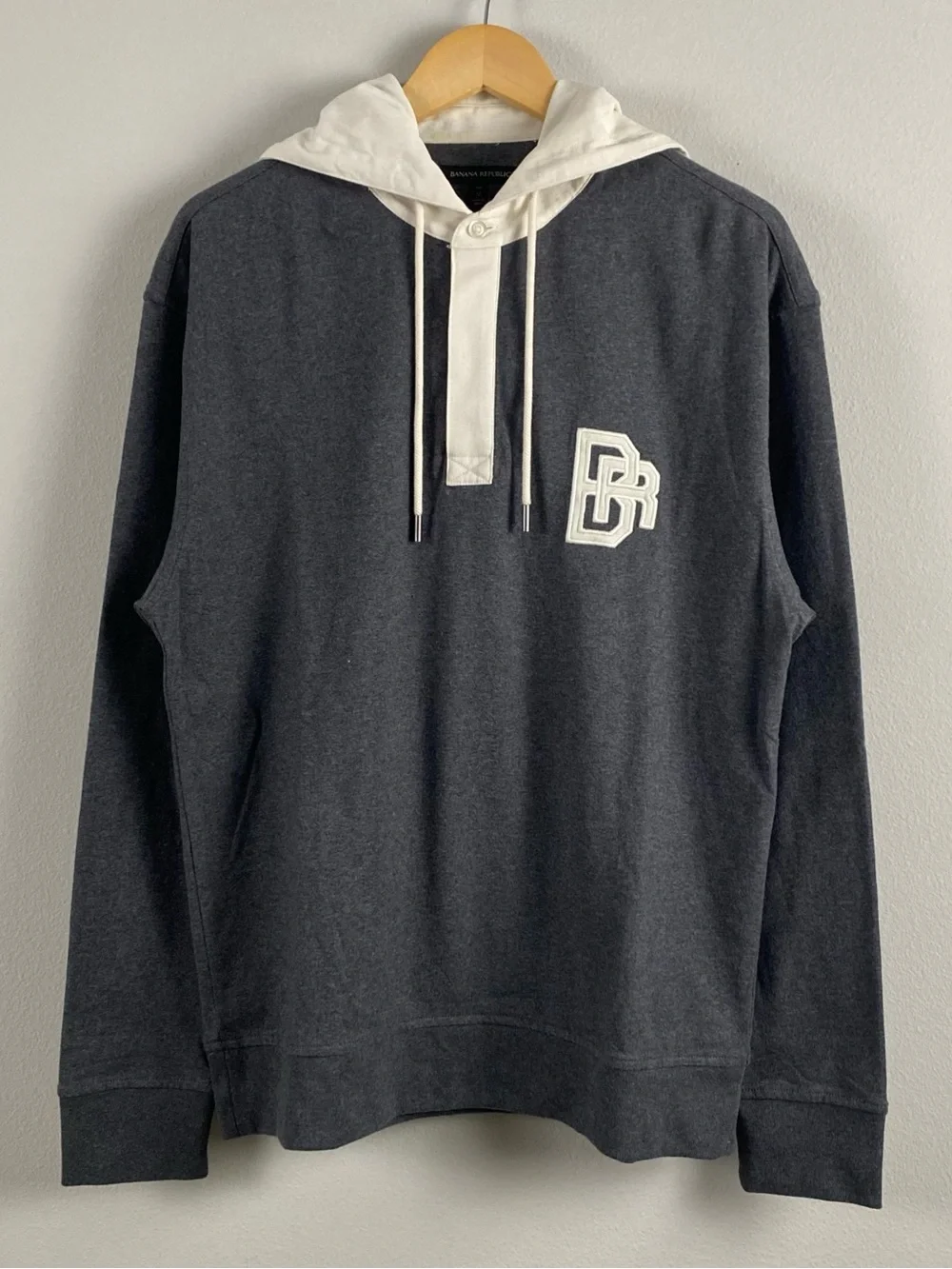 Banana Republic Rugby Long Sleeve Polo Hoodie | Chest Embroidery | Gray/Ivory